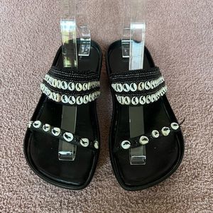 Robert Clergerie Sable Printed Seashell Black Leather Slide Sandals Size 7